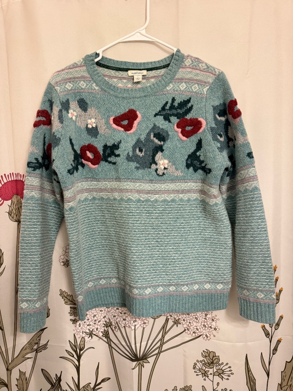 Sundance Teal Floral Embroidered Crewneck Knit Sweater - Size S